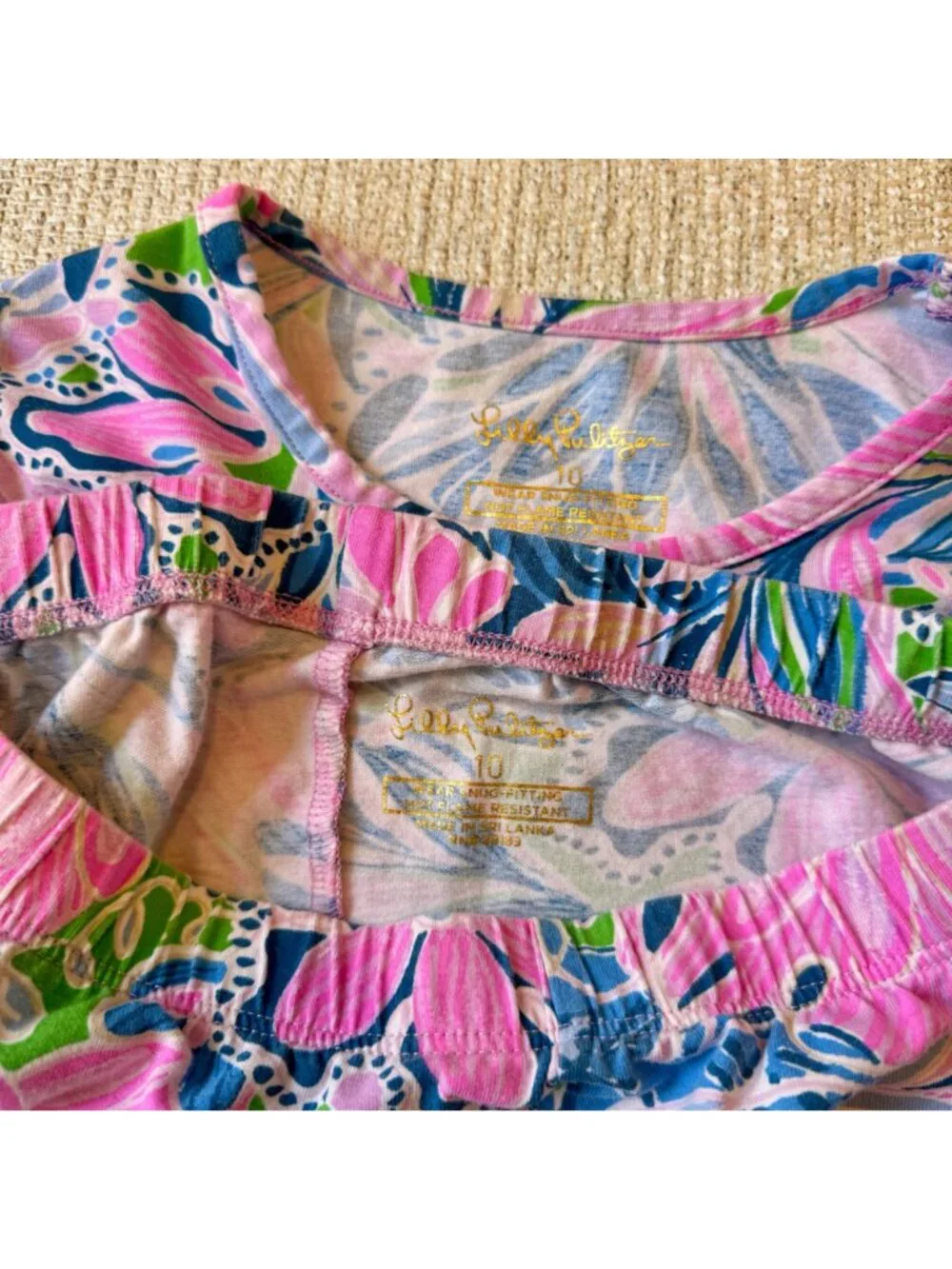 Lilly Pulitzer Girls SIze 10 Pajamas Set Gecko Green Tiger Sunrise Floral Print